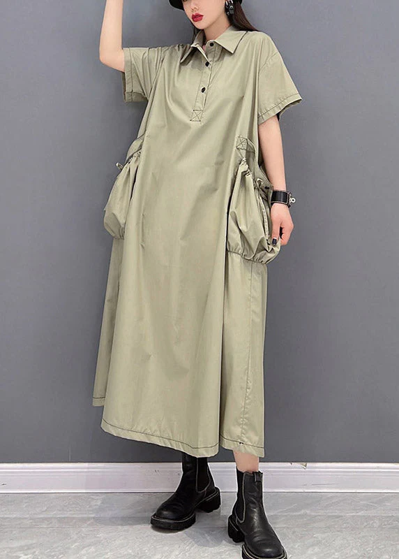 Stylish Green Peter Pan Collar Button Big Pockets Shirt Dress Short Sleeve - Image 3