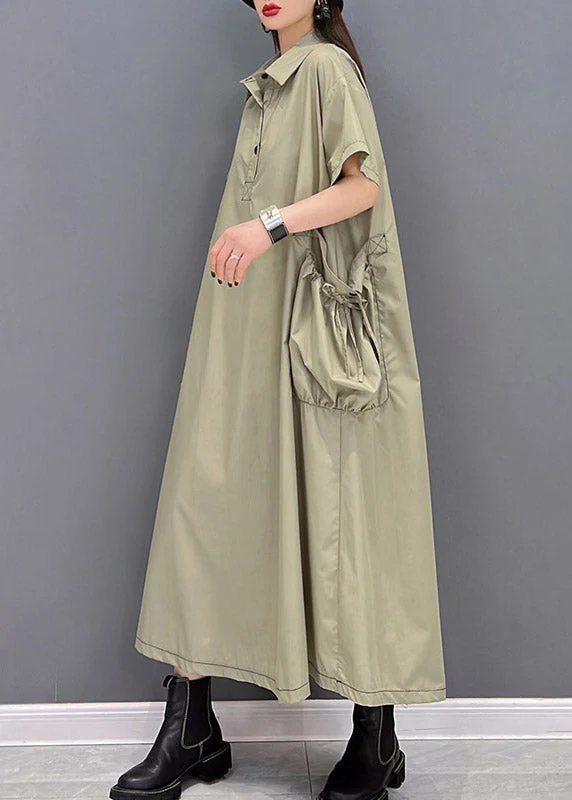 Stylish Green Peter Pan Collar Button Big Pockets Shirt Dress Short Sleeve - Image 4