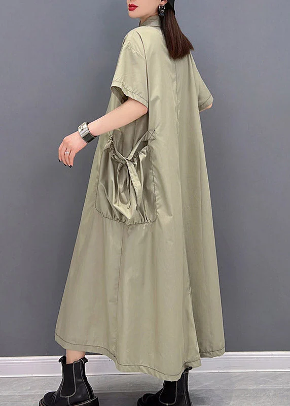 Stylish Green Peter Pan Collar Button Big Pockets Shirt Dress Short Sleeve - Image 5