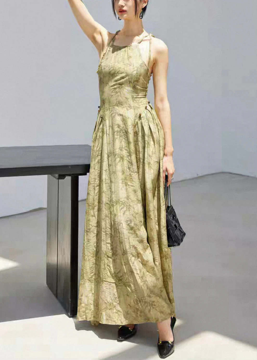 Stylish Green Print Lace Up Linen Spaghetti Strap Dress Sleeveless - Image 3