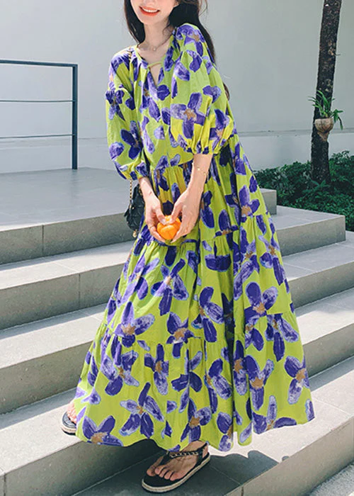 Stylish Green Print Patchwork Chiffon Long Dresses Half Sleeve - Image 3