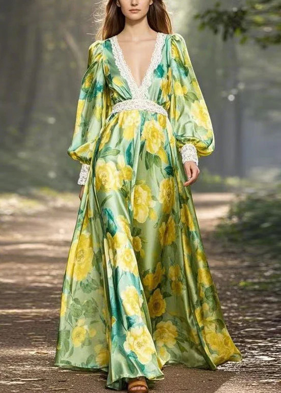 Stylish Green Print Patchwork Silk Maxi Dress V Neck Spring - Image 3