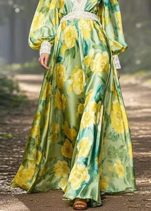 Stylish Green Print Patchwork Silk Maxi Dress V Neck Spring - Image 4