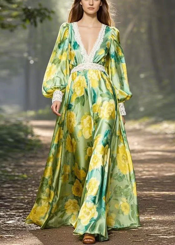 Stylish Green Print Patchwork Silk Maxi Dress V Neck Spring - Image 5