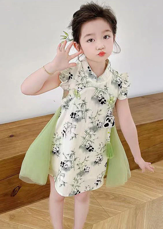 Stylish Green Print Tulle Patchwork Button Girls Mid Dresses Summer - Image 2