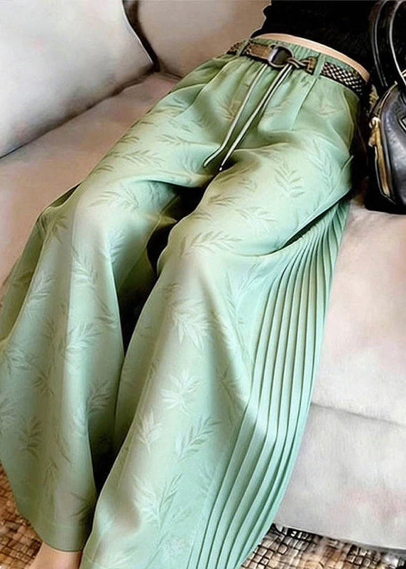 Stylish Green Print Wrinkled Wide Leg Pants Summer - Image 3
