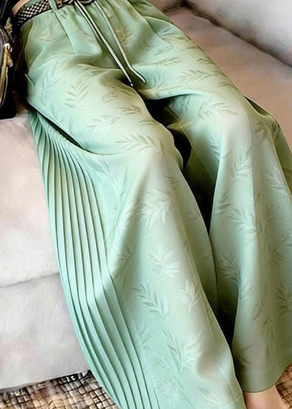 Stylish Green Print Wrinkled Wide Leg Pants Summer - Image 5