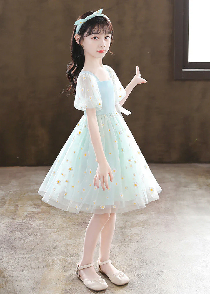 Stylish Green Puff Sleeve Daisy Tulle Kids Girls Mid Dress Summer - Image 2