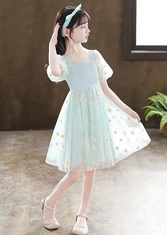 Stylish Green Puff Sleeve Daisy Tulle Kids Girls Mid Dress Summer - Image 4