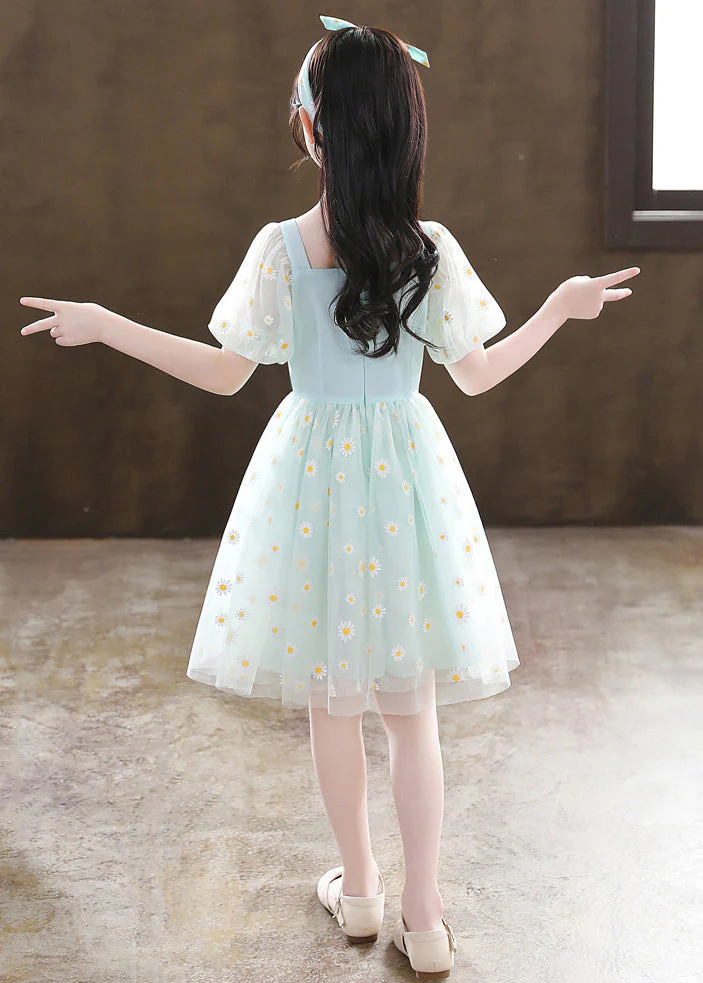 Stylish Green Puff Sleeve Daisy Tulle Kids Girls Mid Dress Summer - Image 5