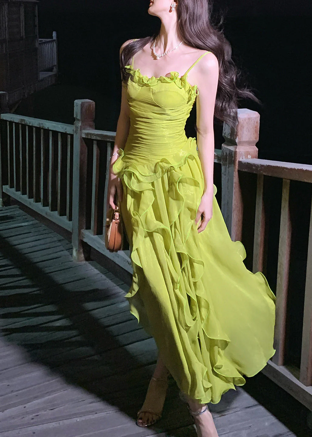 Stylish Green Ruffled Chiffon Spaghetti Strap Dress Summer - Image 3