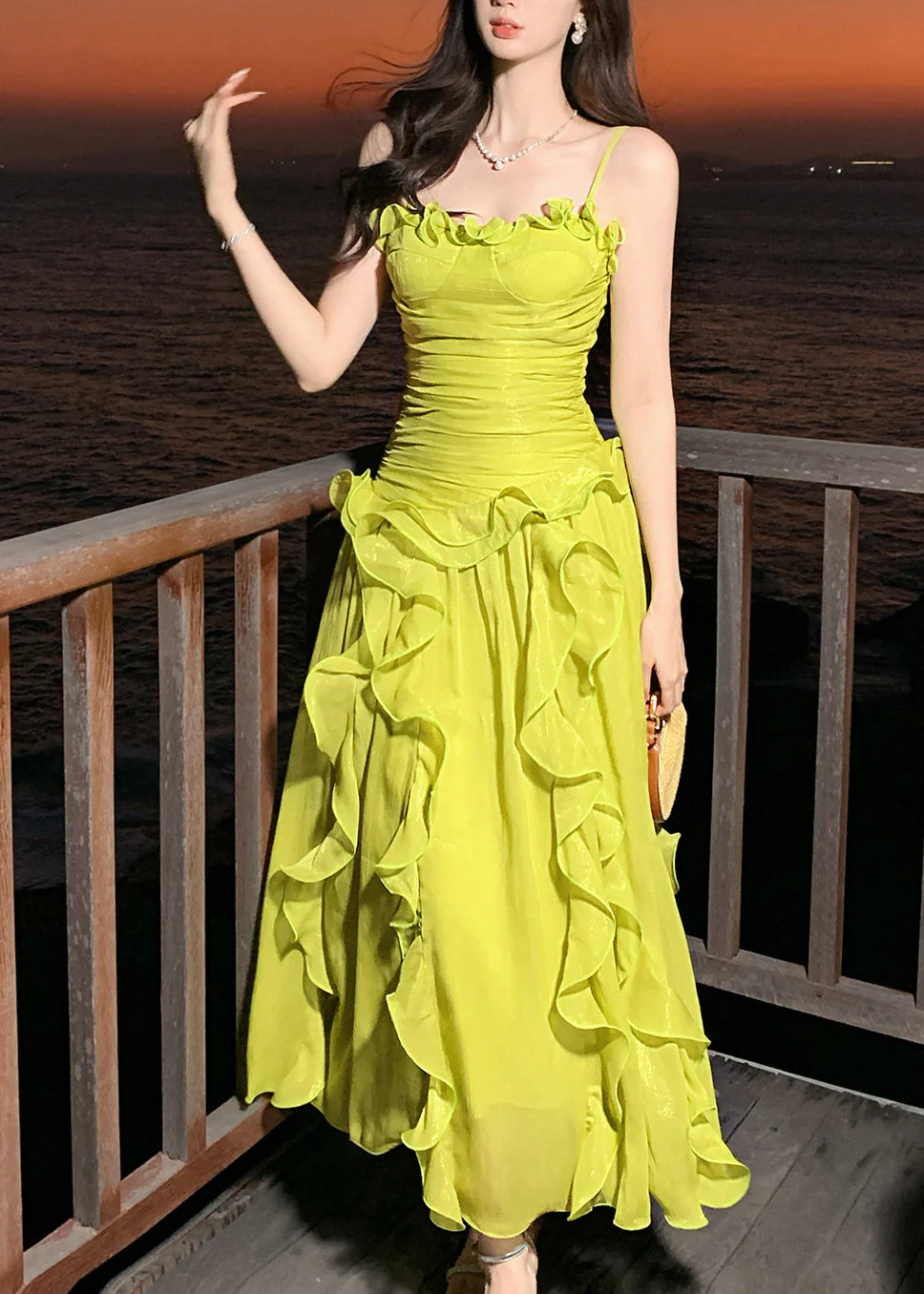 Stylish Green Ruffled Chiffon Spaghetti Strap Dress Summer - Image 4