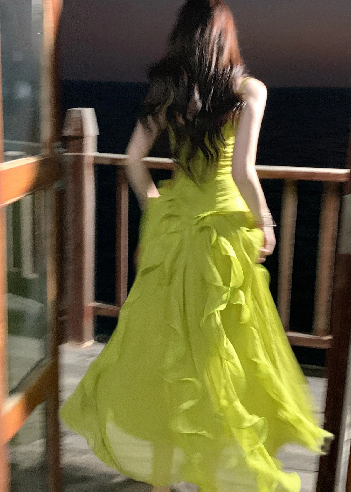 Stylish Green Ruffled Chiffon Spaghetti Strap Dress Summer - Image 5