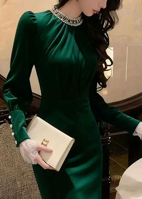 Stylish Green Side Open Slim Fit Silk Velvet Long Dress Winter - Image 3