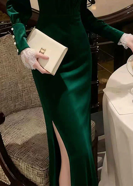 Stylish Green Side Open Slim Fit Silk Velvet Long Dress Winter - Image 4