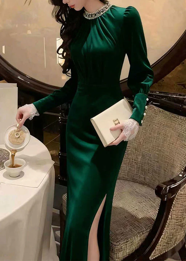 Stylish Green Side Open Slim Fit Silk Velvet Long Dress Winter - Image 5