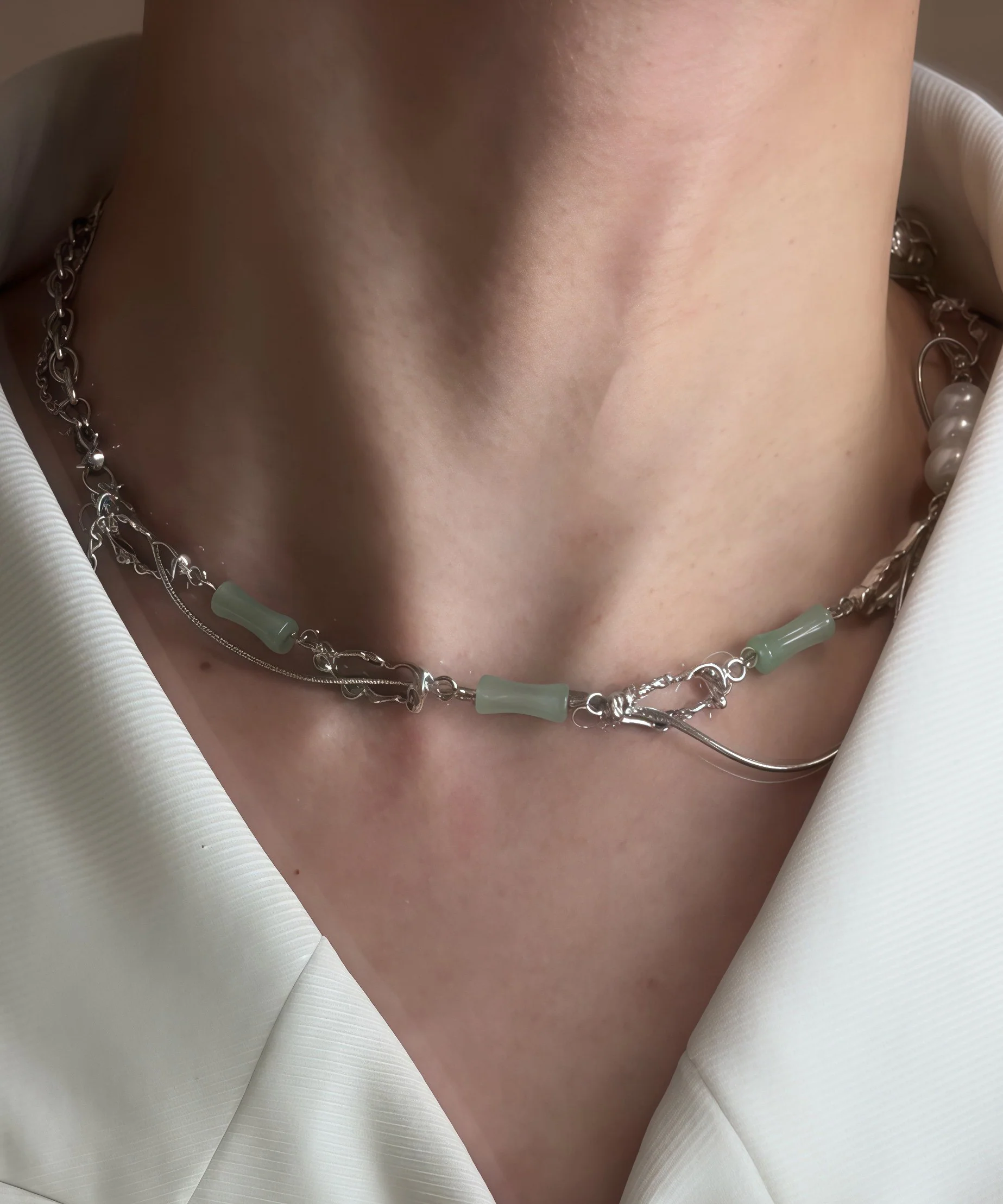 Stylish Green Stainless Steel Pearl Jade Bamboo Joint Water Droplet Tassel Lariat Necklace - Image 3
