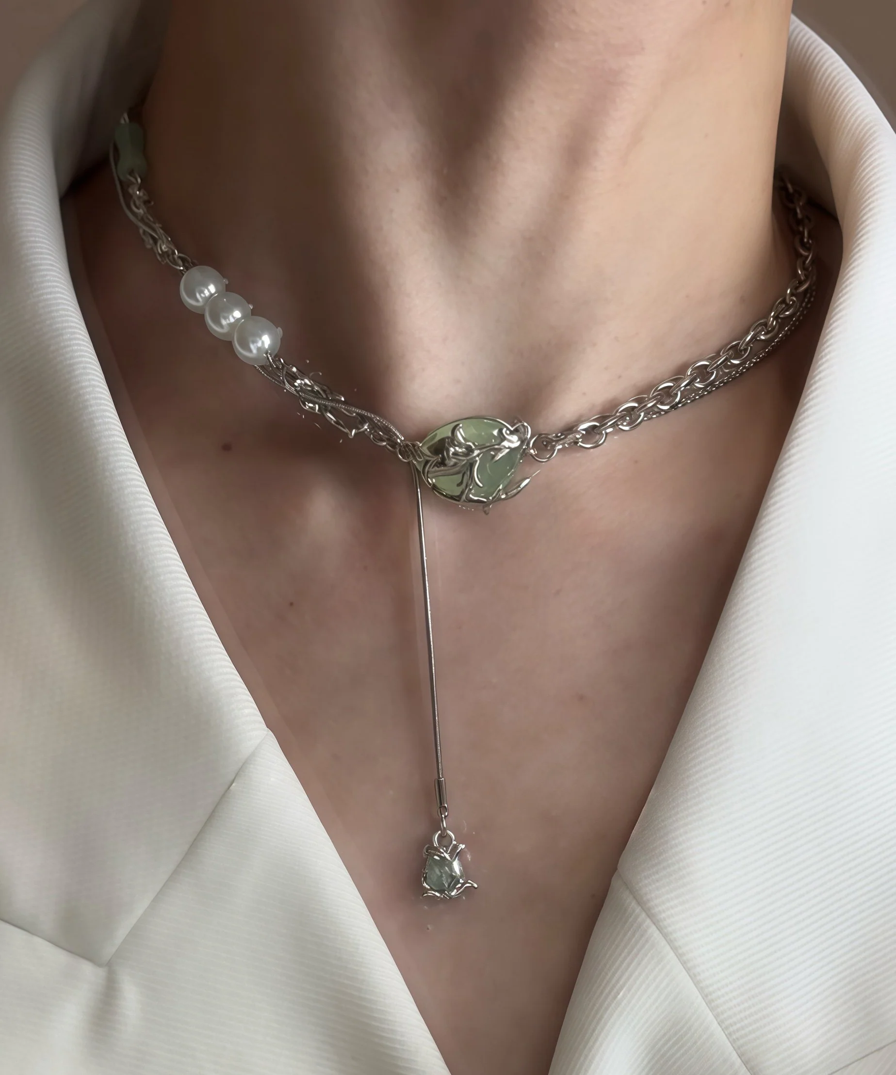 Stylish Green Stainless Steel Pearl Jade Bamboo Joint Water Droplet Tassel Lariat Necklace - Image 4