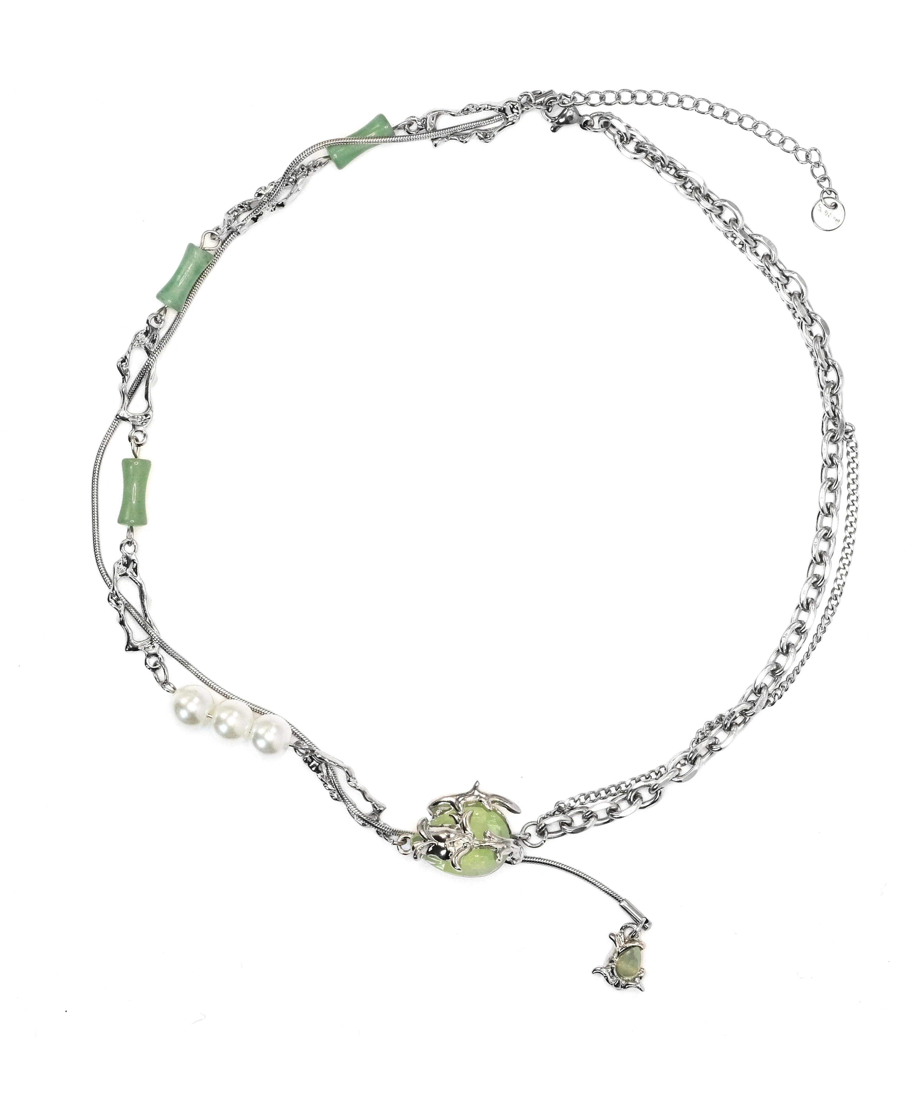 Stylish Green Stainless Steel Pearl Jade Bamboo Joint Water Droplet Tassel Lariat Necklace - Image 5