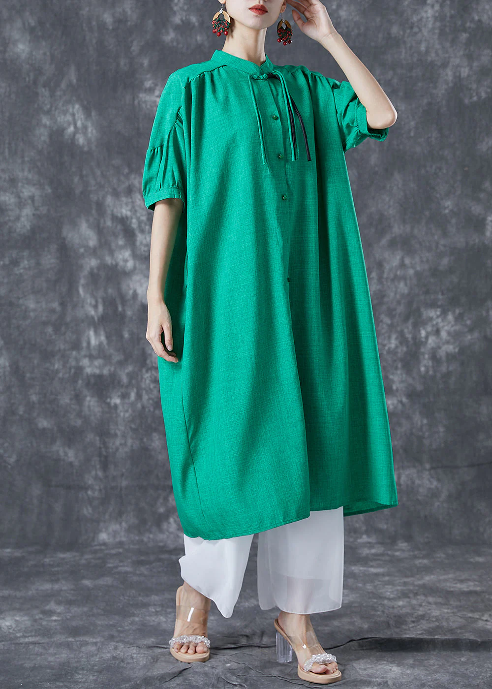 Stylish Green Stand Collar Oversized Tassel Cotton Shirt Dress Summer - Image 2
