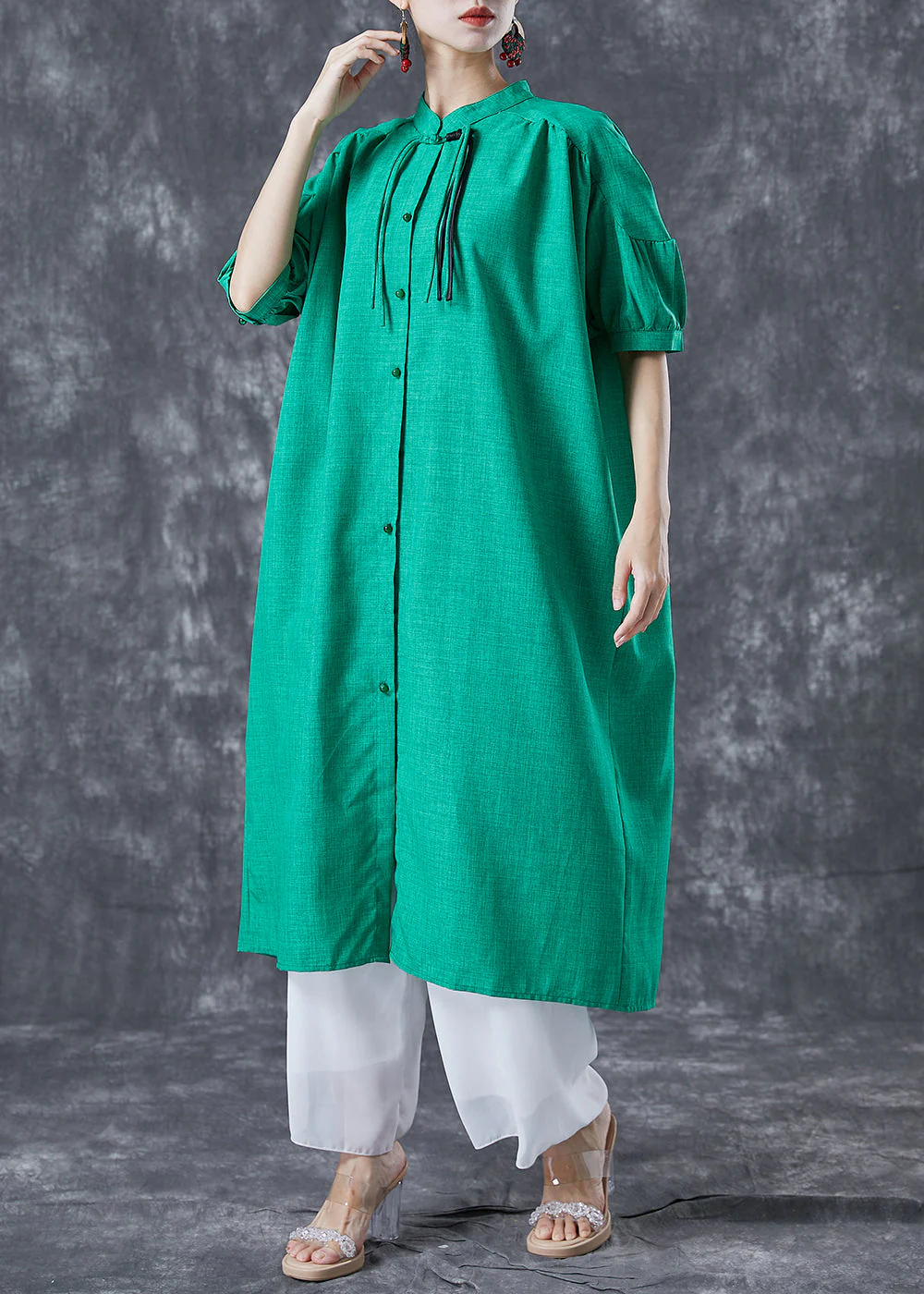 Stylish Green Stand Collar Oversized Tassel Cotton Shirt Dress Summer - Image 3