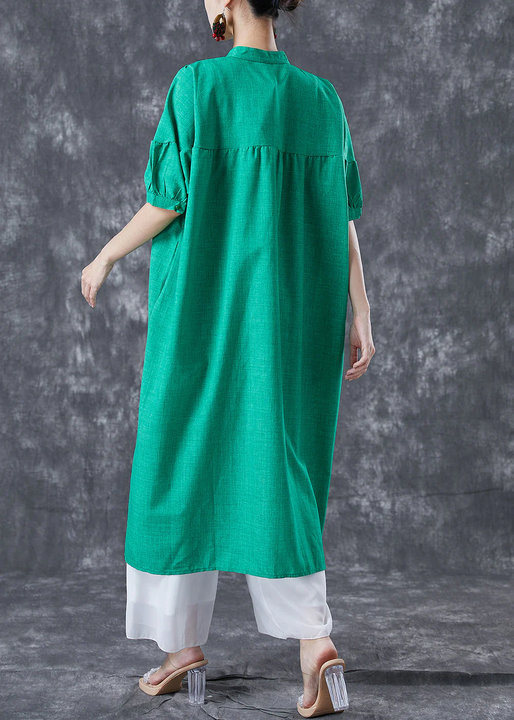 Stylish Green Stand Collar Oversized Tassel Cotton Shirt Dress Summer - Image 4
