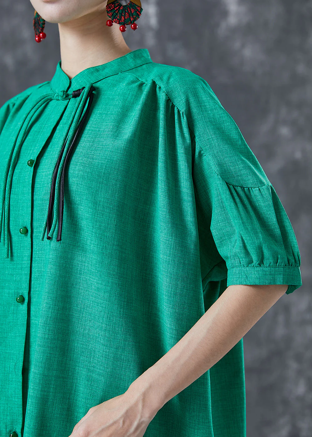 Stylish Green Stand Collar Oversized Tassel Cotton Shirt Dress Summer - Image 5