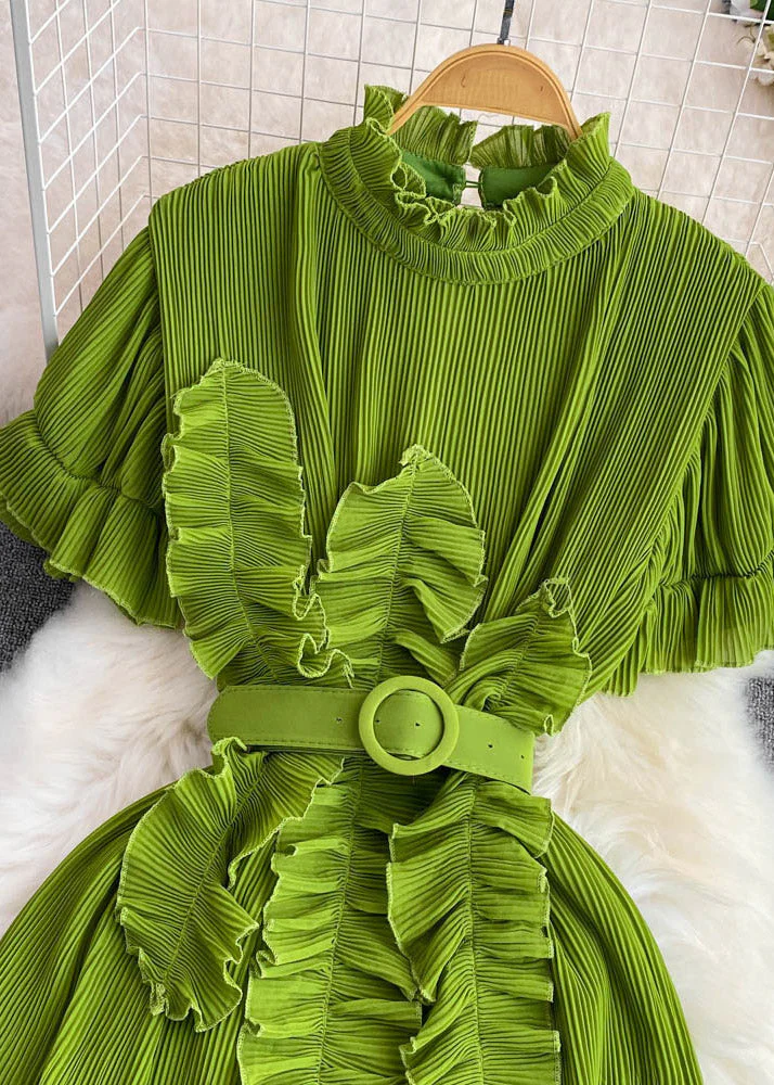 Stylish Green Stand Collar Ruffled Maxi Dress Short Sleeve - Image 2