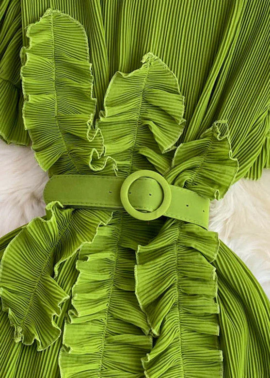 Stylish Green Stand Collar Ruffled Maxi Dress Short Sleeve - Image 3