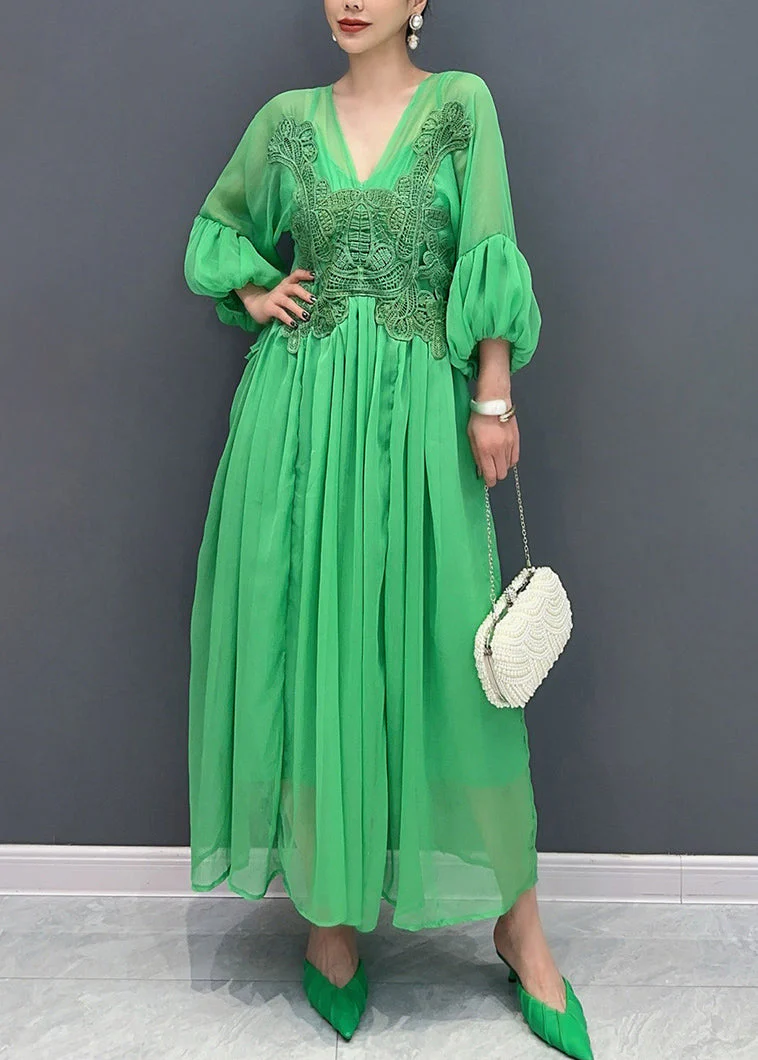 Stylish Green V Neck Embroidered Floral Chiffon Long Dress Fall - Image 2