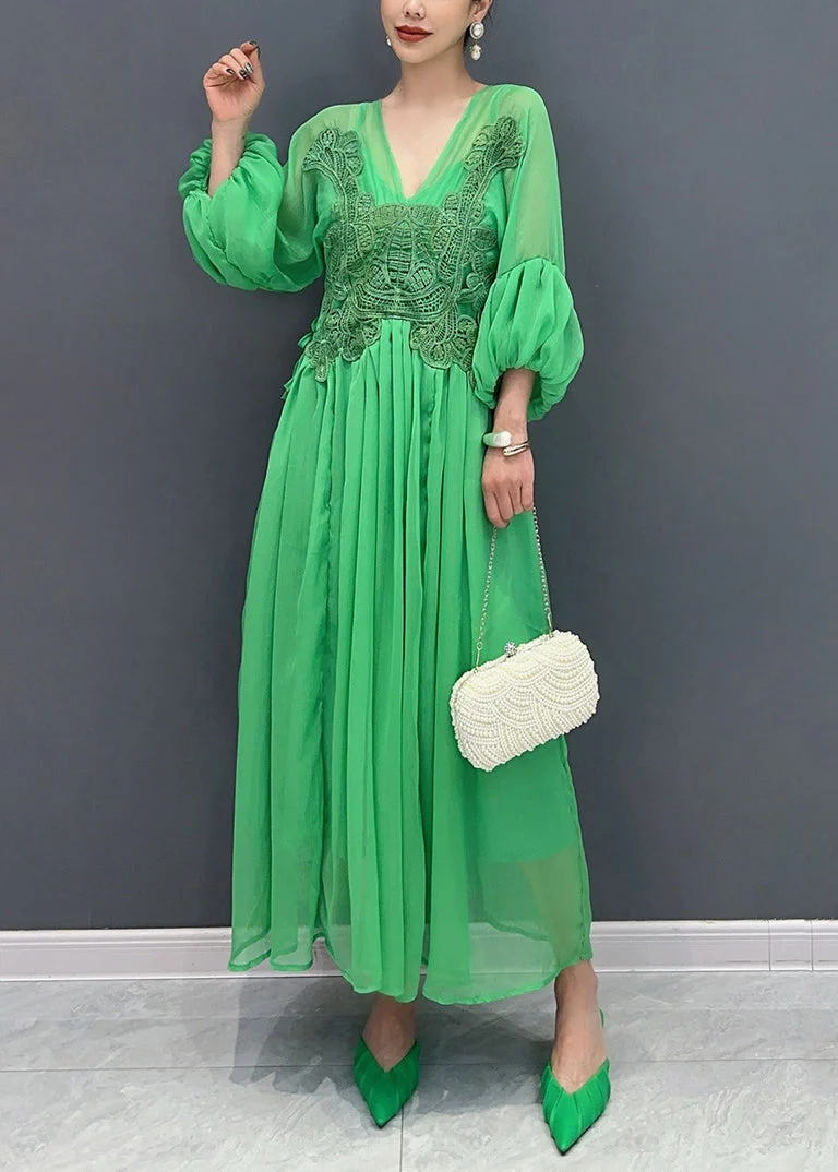 Stylish Green V Neck Embroidered Floral Chiffon Long Dress Fall - Image 3