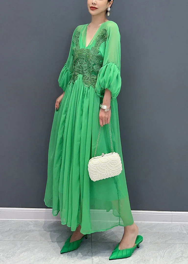 Stylish Green V Neck Embroidered Floral Chiffon Long Dress Fall - Image 4