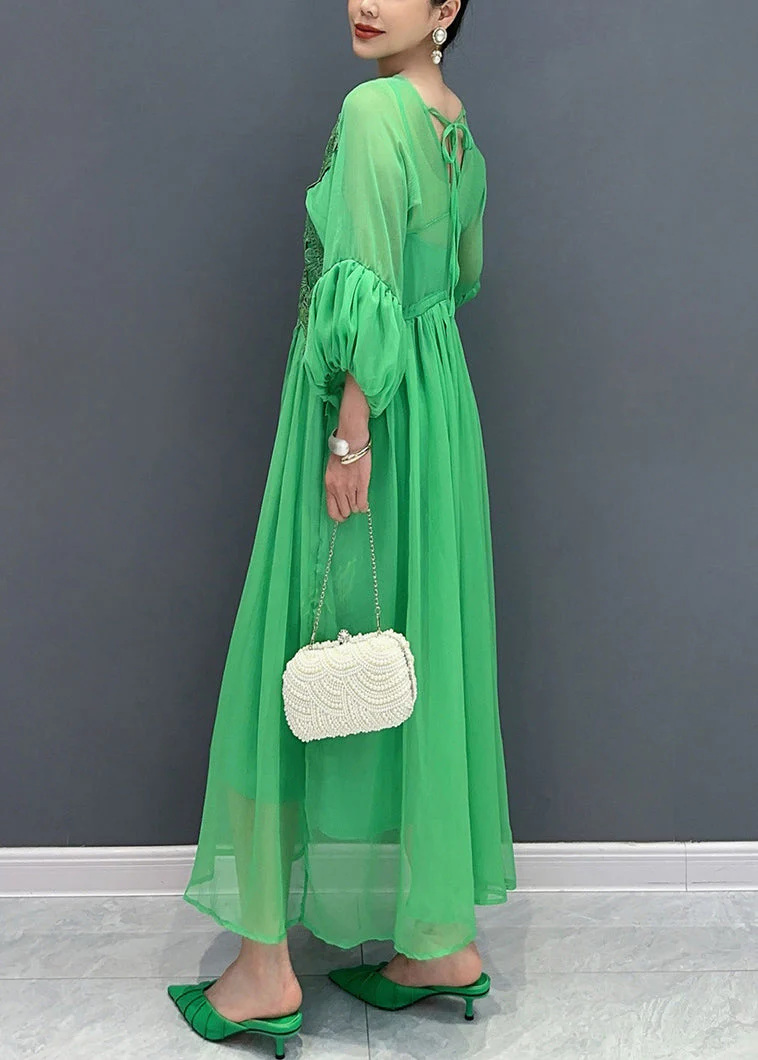 Stylish Green V Neck Embroidered Floral Chiffon Long Dress Fall - Image 5