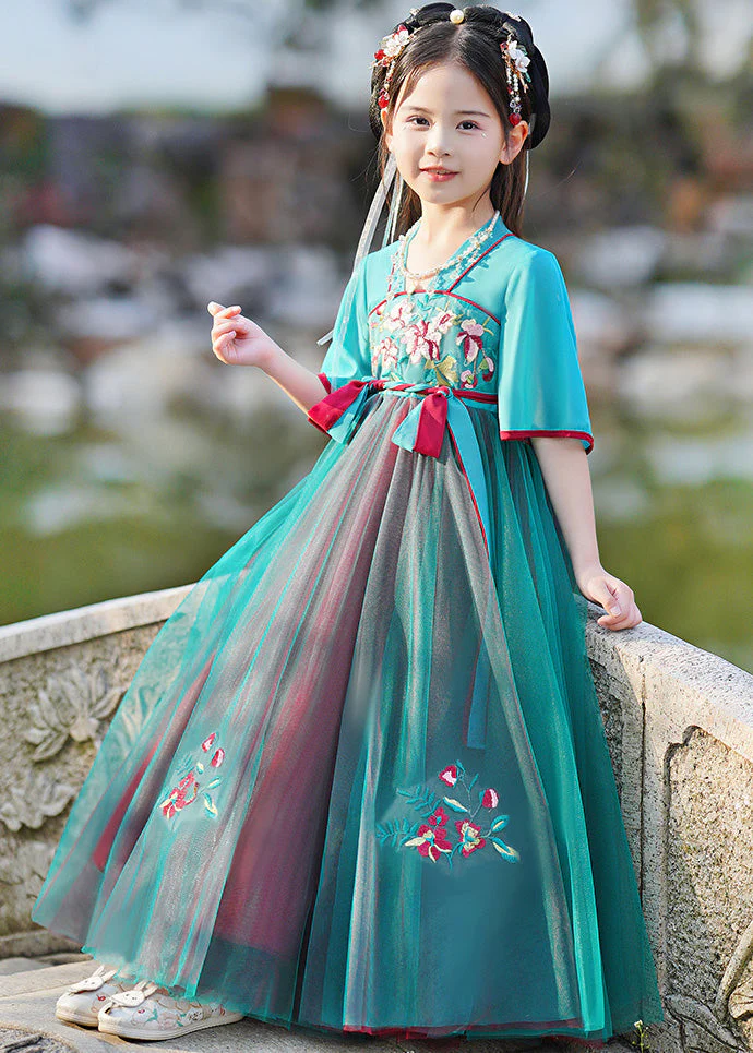 Stylish Green V Neck Embroideried Kids Maxi Dresses Summer - Image 2