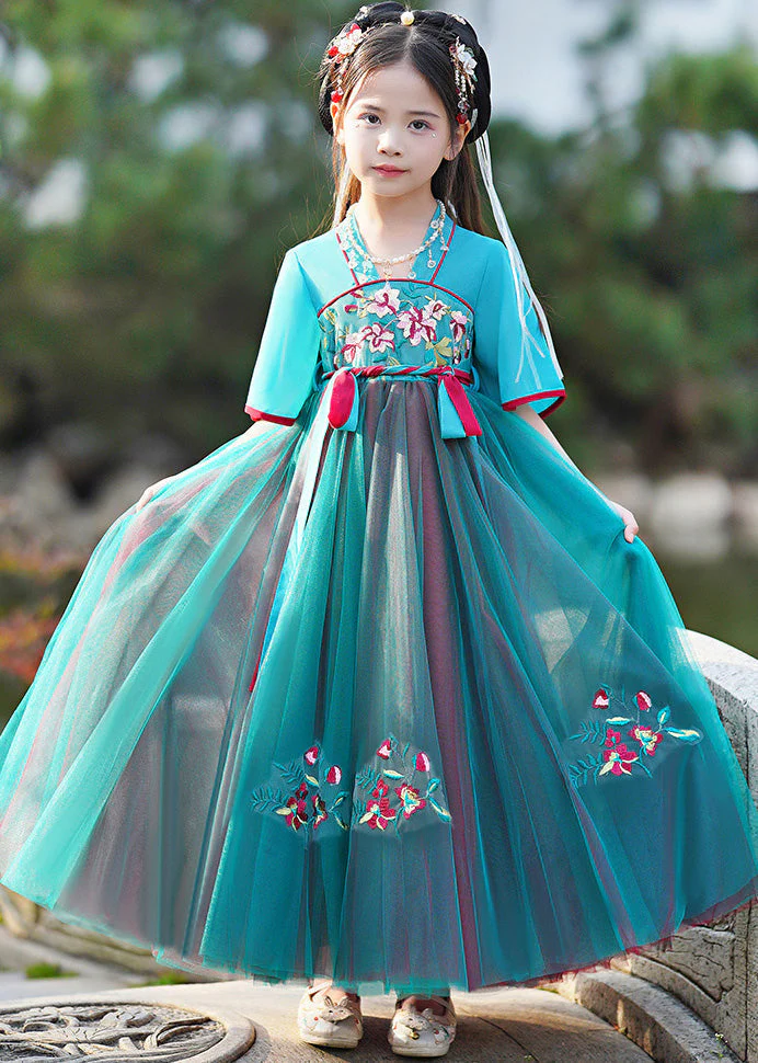 Stylish Green V Neck Embroideried Kids Maxi Dresses Summer - Image 3