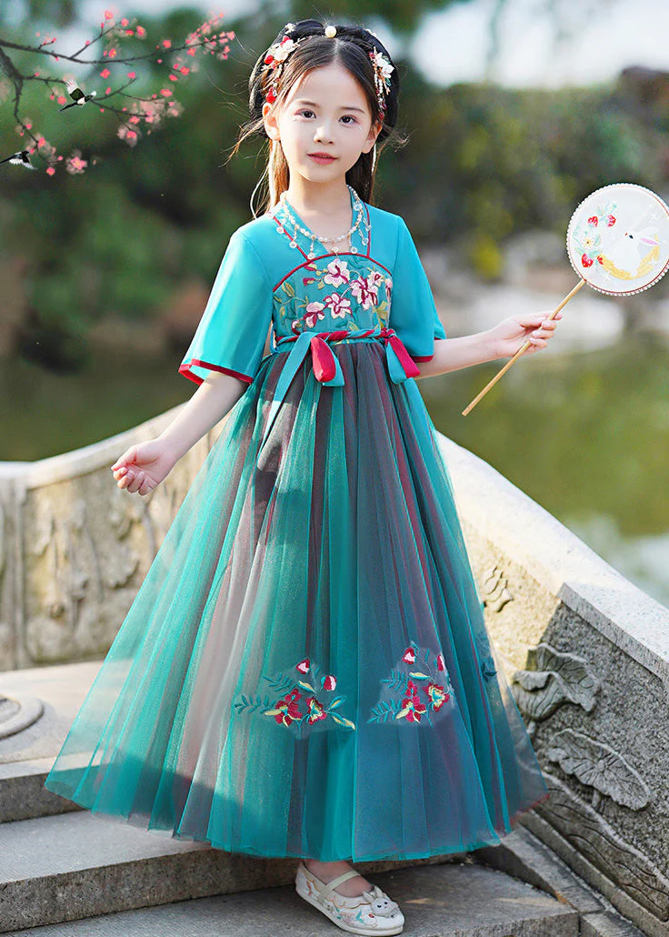 Stylish Green V Neck Embroideried Kids Maxi Dresses Summer - Image 4