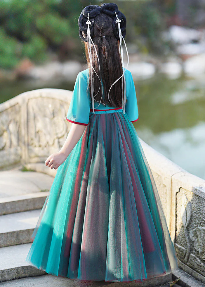 Stylish Green V Neck Embroideried Kids Maxi Dresses Summer - Image 5