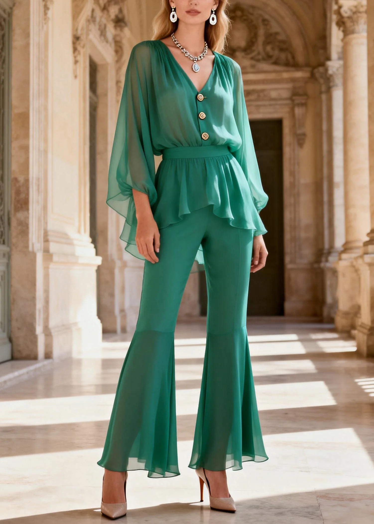 Stylish Green V Neck Patchwork Silk Two Piece Set Women Clothing Summer - Image 3
