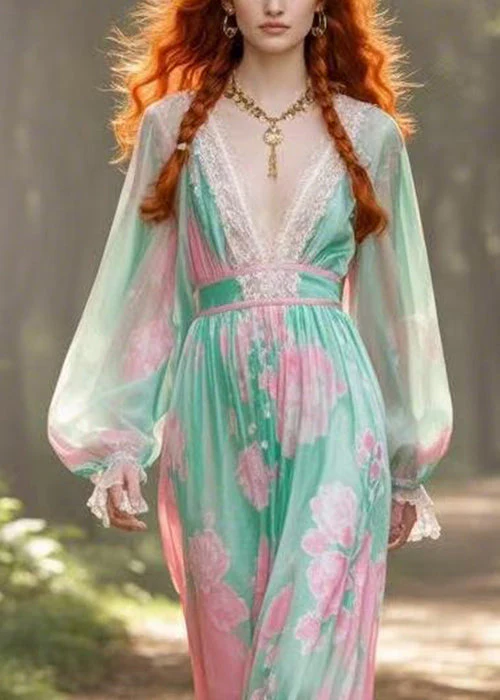 Stylish Green V Neck Print High Waist Chiffon Dress Butterfly Sleeve - Image 2