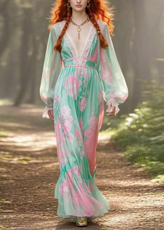 Stylish Green V Neck Print High Waist Chiffon Dress Butterfly Sleeve - Image 3