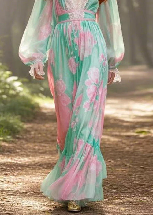 Stylish Green V Neck Print High Waist Chiffon Dress Butterfly Sleeve - Image 4