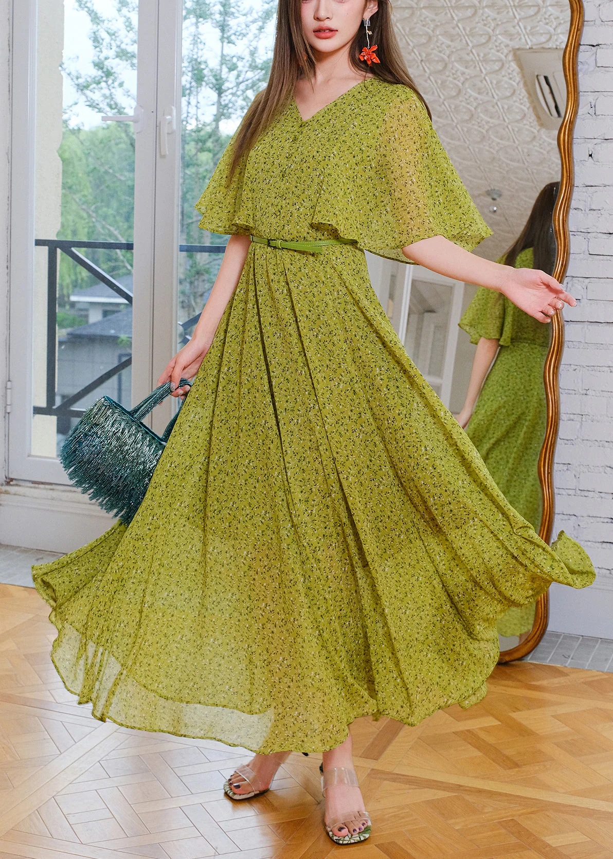 Stylish Green V Neck Print Sashes Chiffon Maxi Dresses Summer - Image 3
