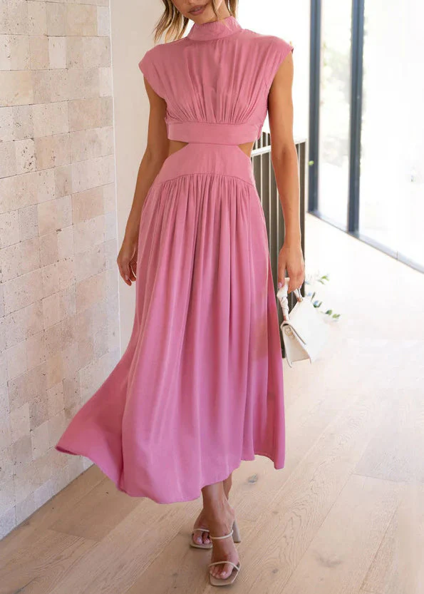 Stylish Green Wrinkled Pockets Cotton Long Dresses Summer - Image 2