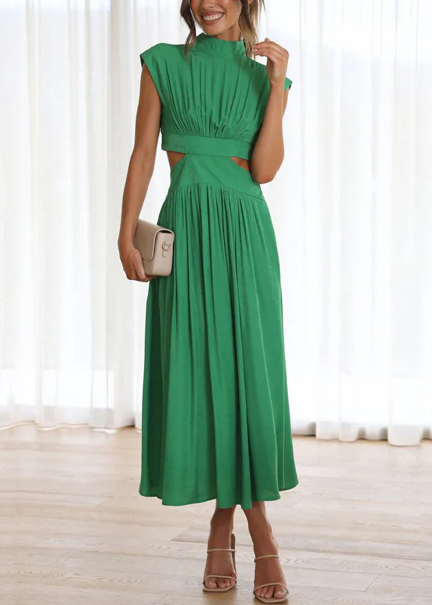 Stylish Green Wrinkled Pockets Cotton Long Dresses Summer - Image 3