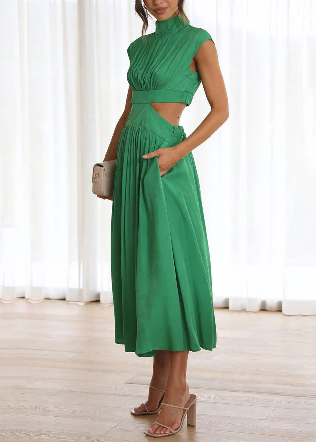 Stylish Green Wrinkled Pockets Cotton Long Dresses Summer - Image 4