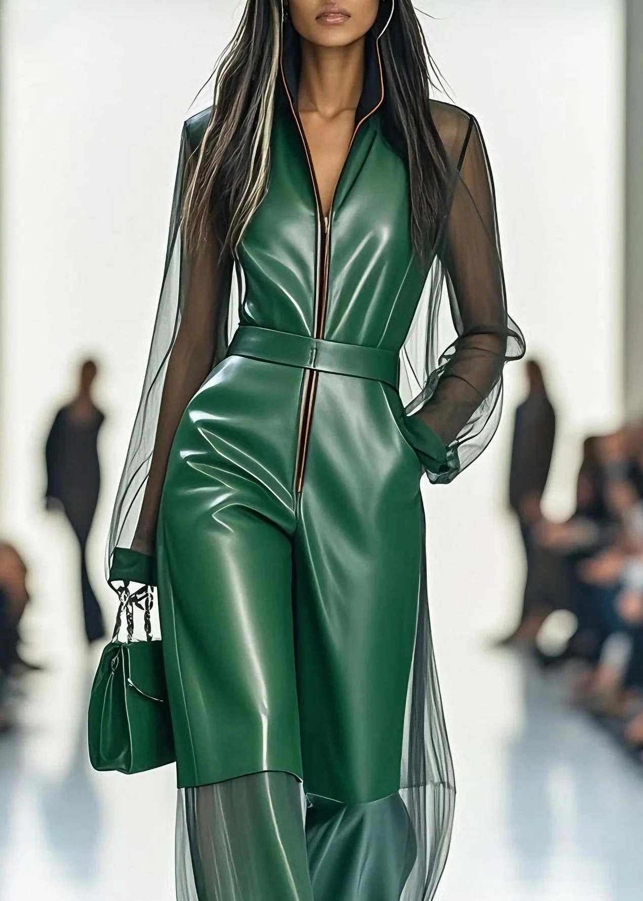 Stylish Green Zip Up Tulle Patchwork Faux Leather Jumpsuits Summer - Image 2