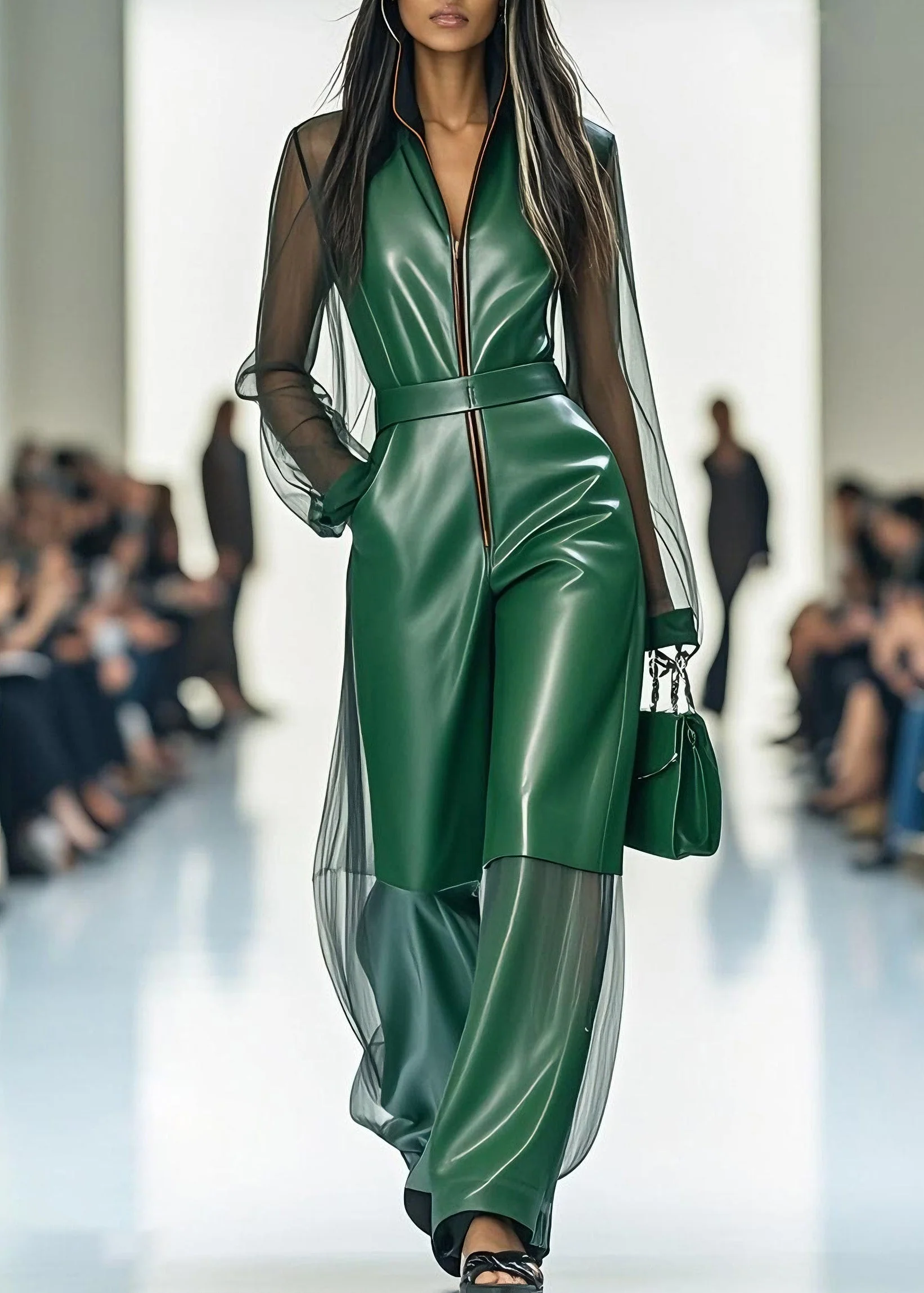 Stylish Green Zip Up Tulle Patchwork Faux Leather Jumpsuits Summer - Image 3