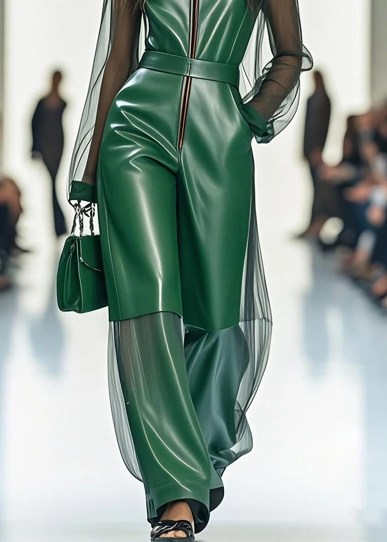 Stylish Green Zip Up Tulle Patchwork Faux Leather Jumpsuits Summer - Image 4