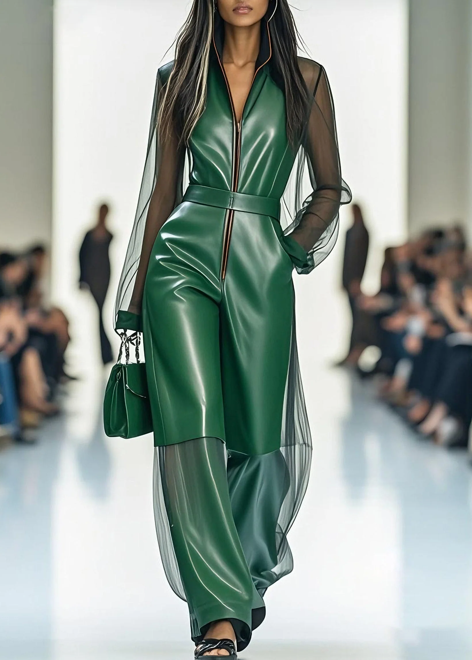 Stylish Green Zip Up Tulle Patchwork Faux Leather Jumpsuits Summer - Image 5