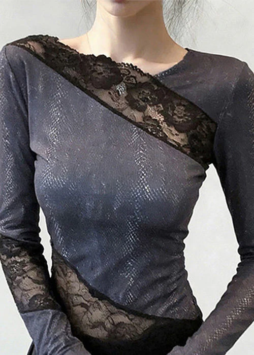 Stylish Grey Asymmetrical Lace Patchwork T Shirts Spring - Image 4